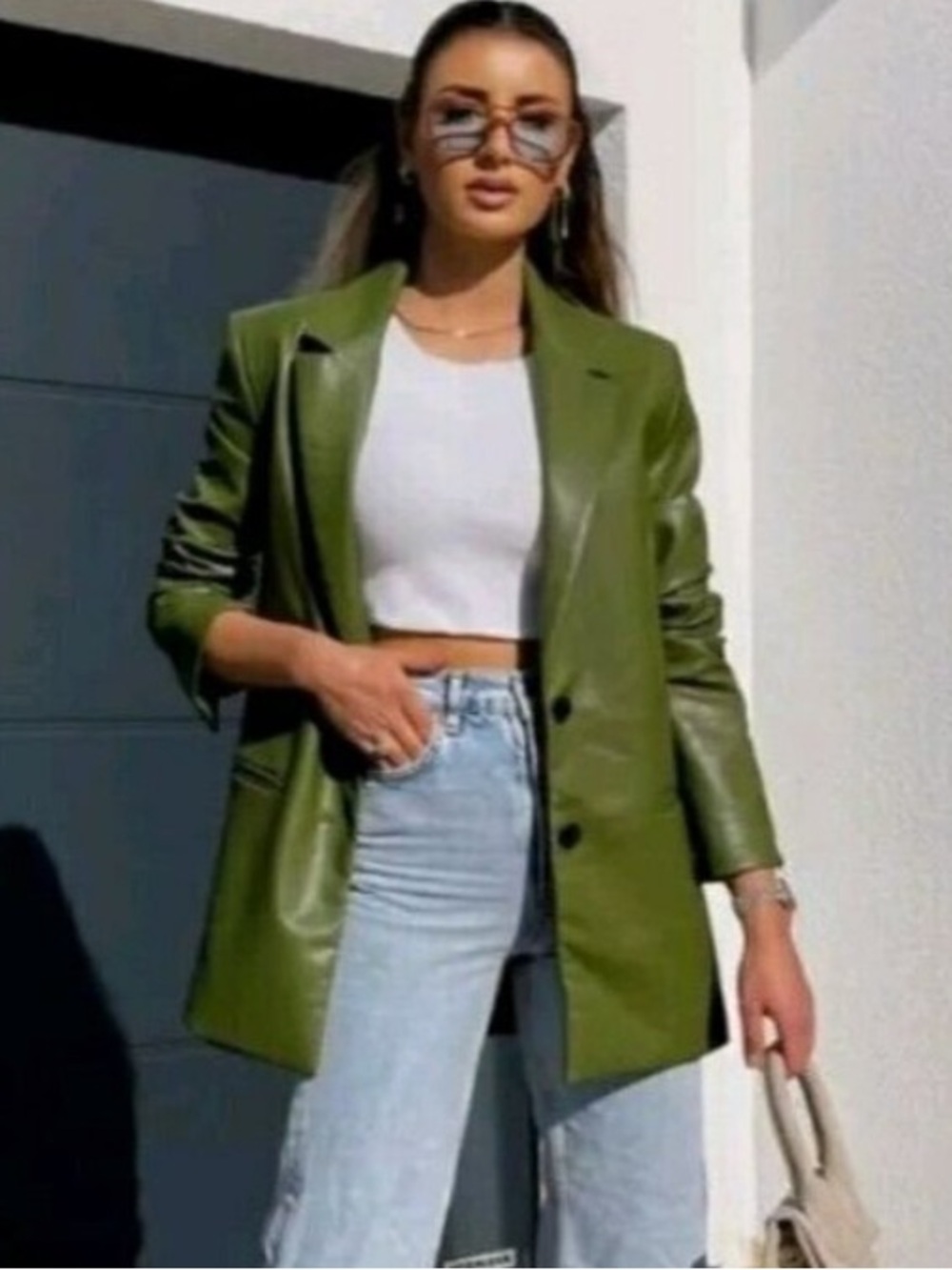 Zara Green Synthetic Leather Jacket Size S